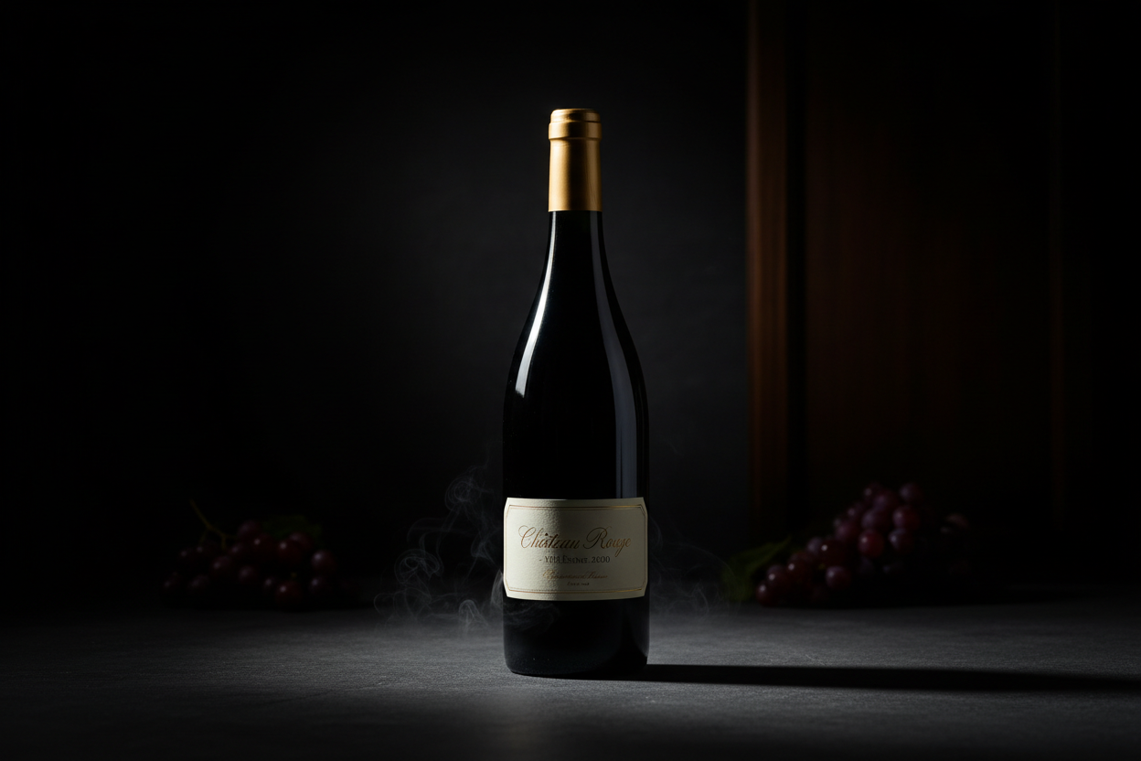 Botella de vino elegante, fotografía oscura en general.