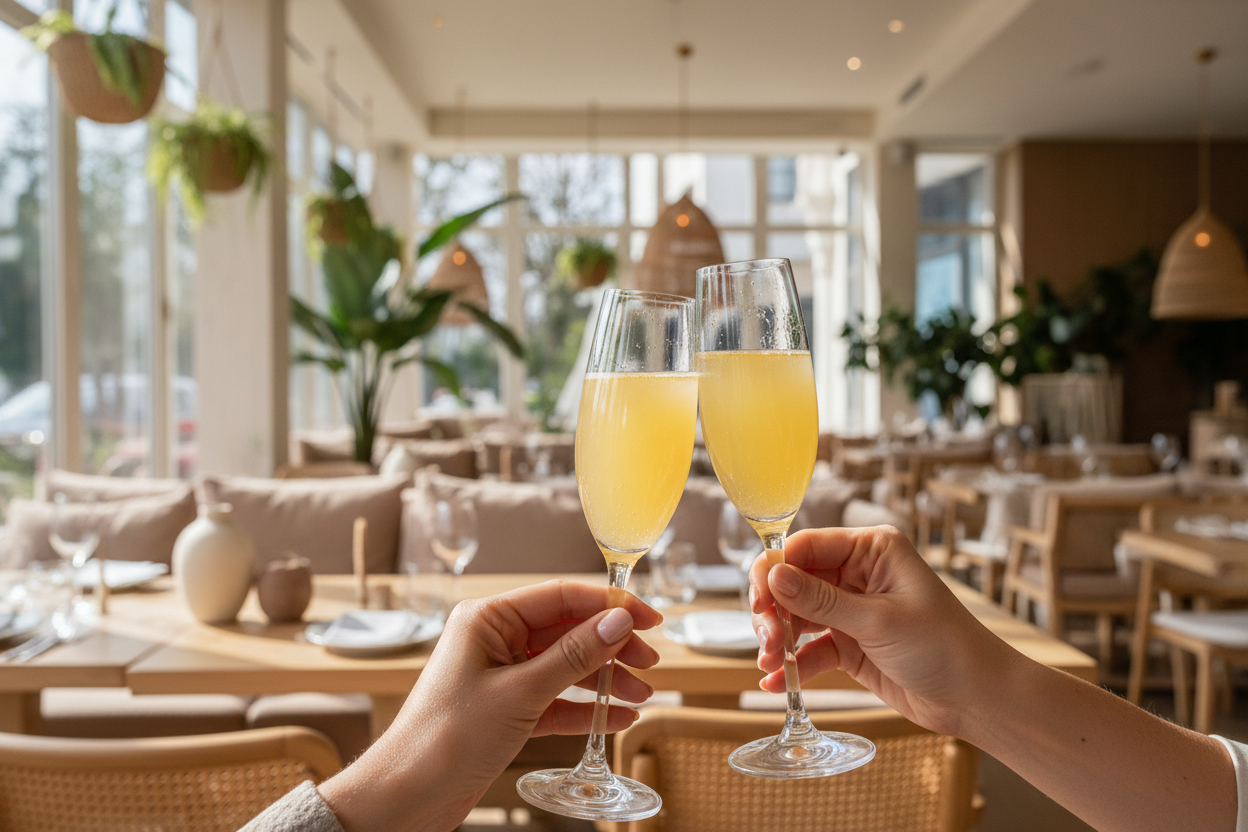 Closeup a dos manos haciendo un brindis con mimosas, de fondo de puede apreciar un restaurante iluminado, amplio con decoraciones nude, toques de naturaleza y ratán