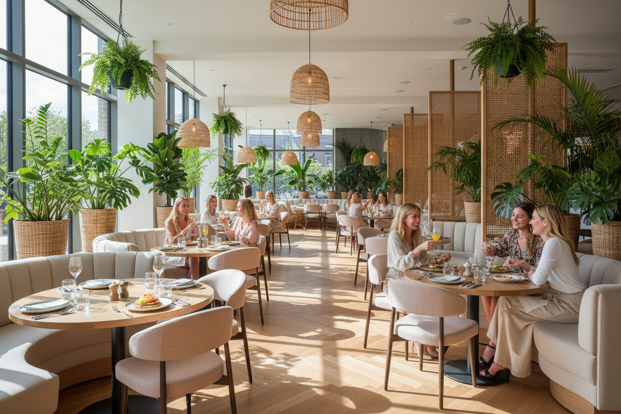 Fotograría del interior de un restaurante amplio e iluminado donde la gente se reúne a tener brunch. Mobiliario en colores nude, decoración con diferentes plantas y toques de ratán. 