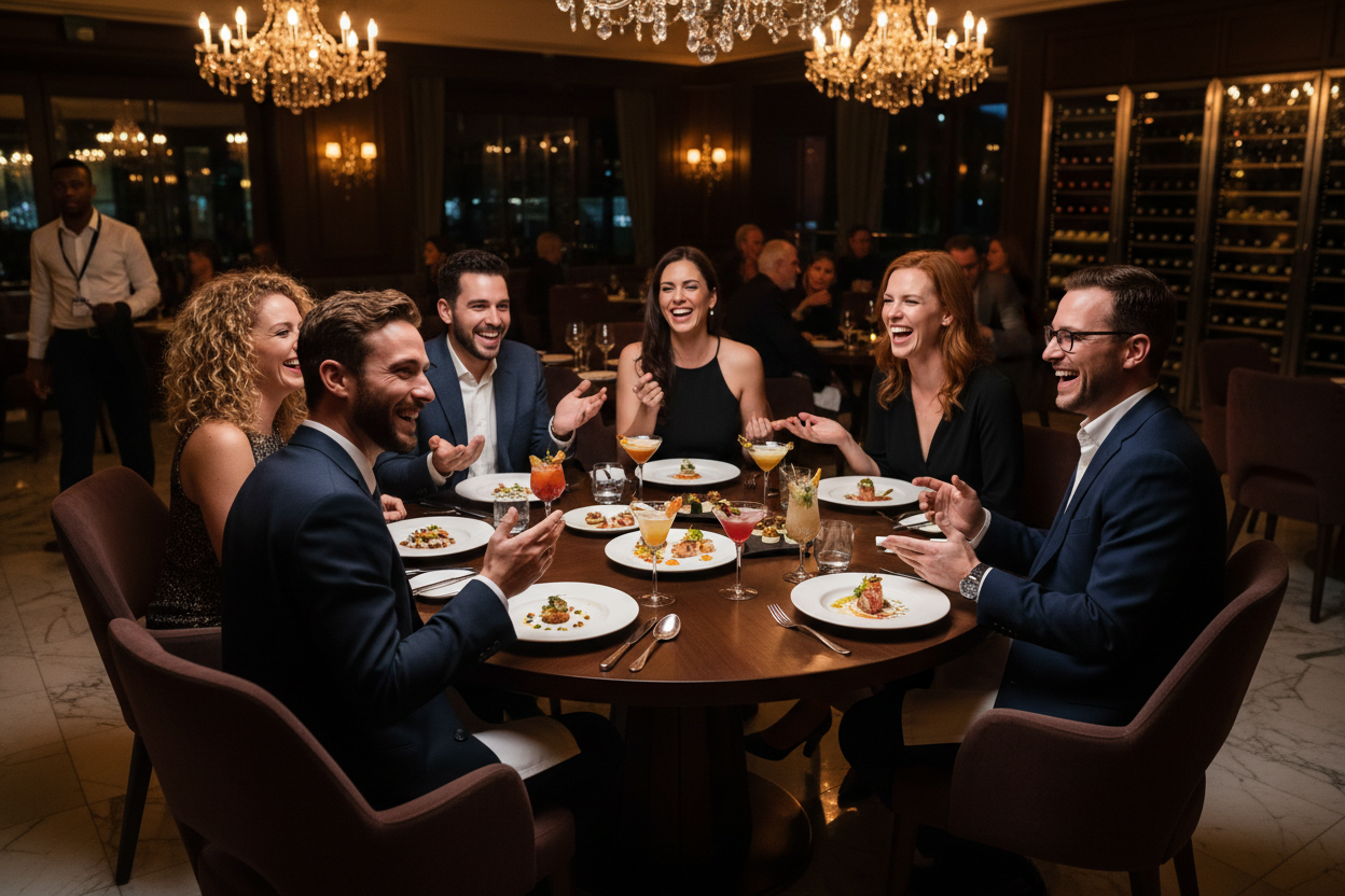 Grupo de 6 pesonas, 3 hombres y 3 mujeres, sentados de manera aleatoria en una mesa de un restaurante elegante. Tienen una cena, sonríen, disfrutan e interactuan entre ellos.  En la mesa se puede apreciar coctelería y gastronomía como una experiencia única. Los rasgos físicos de las personas son diferentes entre ellas pero mantén aspecto caucásico. 